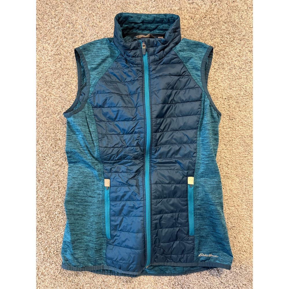 Eddie Bauer Vest Womens S Teal Primaloft Hybrid Quilted Knit Full Zip Mock Neck